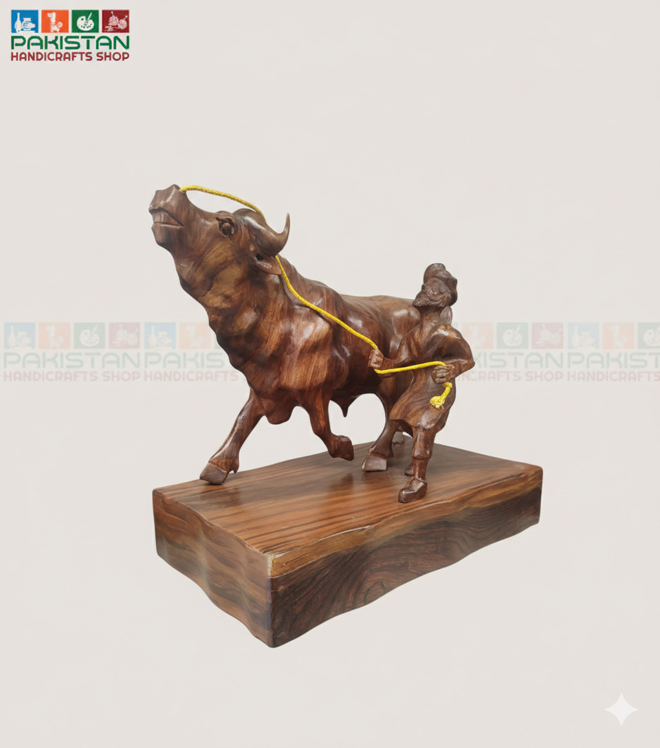 Wooden Bull with Farmer